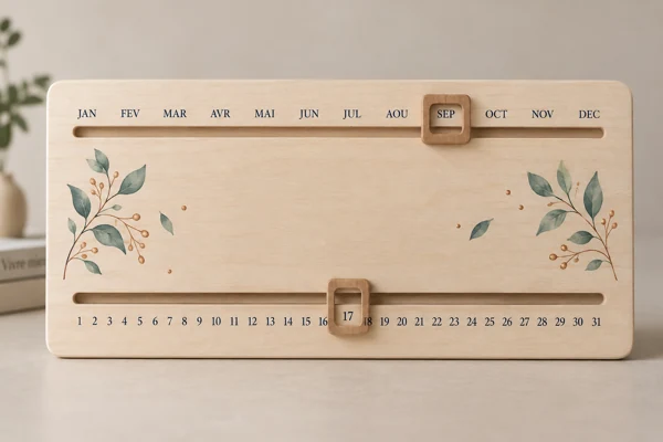Perpetual calendar on wood · Flat print · AI preview