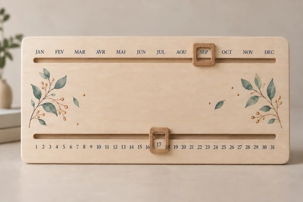 Perpetual calendar on wood · Raised print · AI preview