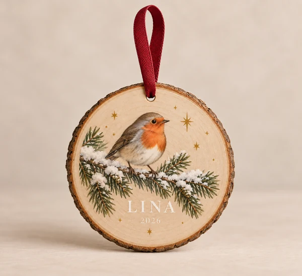 Christmas wood slice and flat bauble with a name · Flat print · AI preview