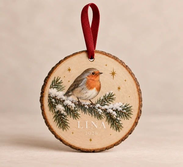 Christmas wood slice and flat bauble with a name · Raised print · AI preview