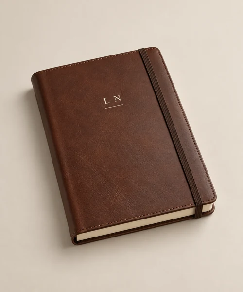 Leather notebook with initials · Flat print · AI preview