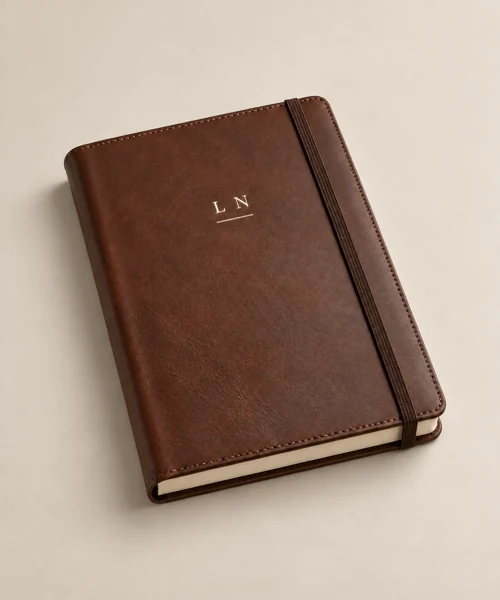 Leather notebook with initials · Raised print · AI preview