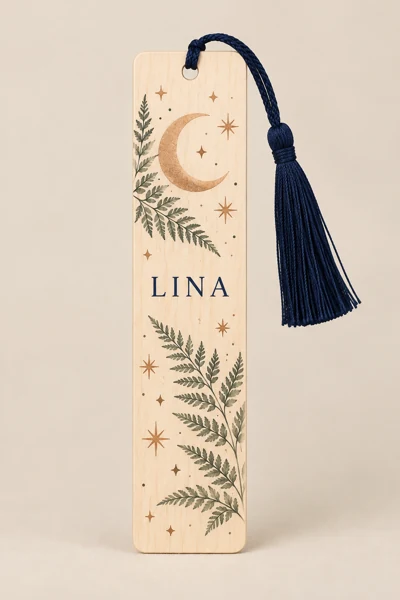 Wooden or acrylic bookmark · Flat print · AI preview