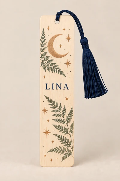 Wooden or acrylic bookmark · Raised print · AI preview