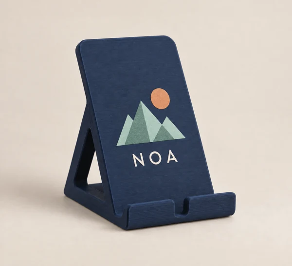 3D-printed phone stand with marking · Raised print · AI preview