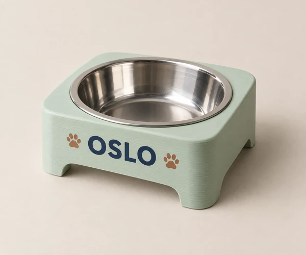 3D-printed bowl with the animal's name · Flat print · AI preview