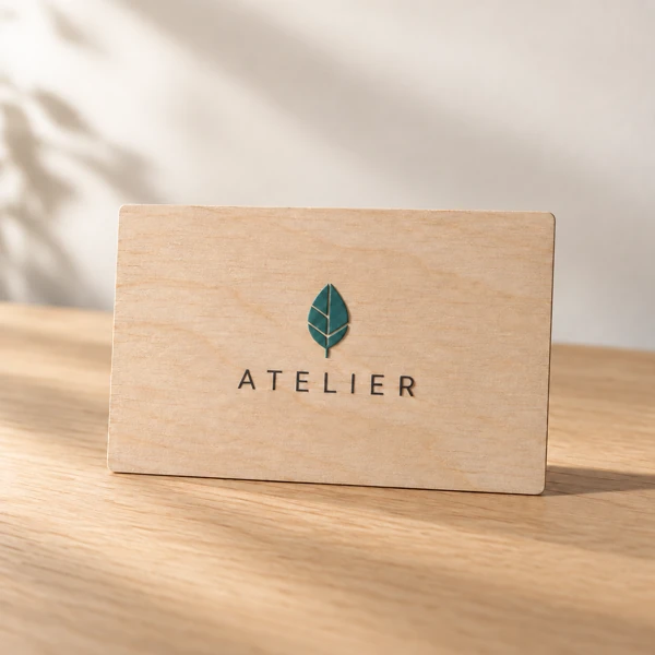Business cards in wood or metal · Raised print · AI preview