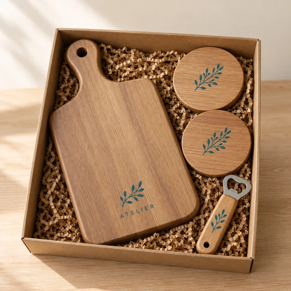 Client gift box: board, coasters, bottle opener · Flat print · AI preview