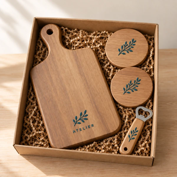 Client gift box: board, coasters, bottle opener · Raised print · AI preview