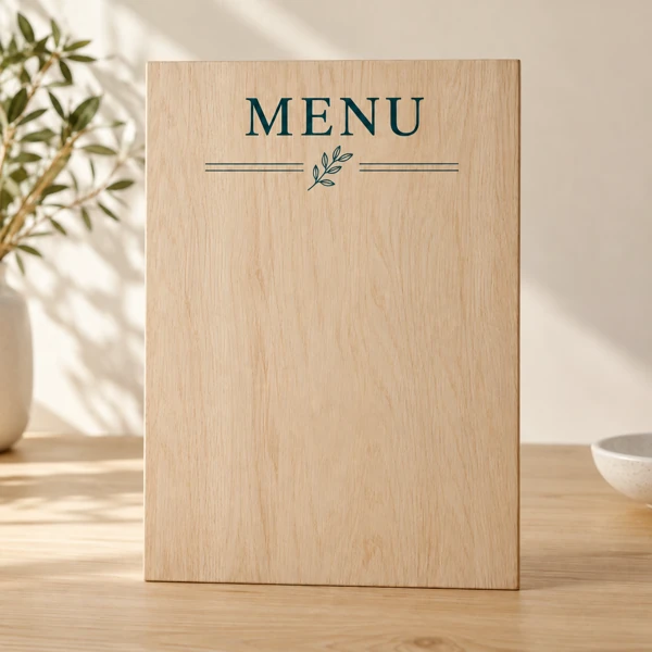 Menus and boards in wood or acrylic · Flat print · AI preview