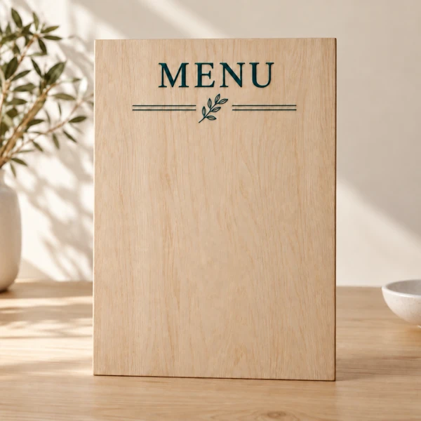 Menus and boards in wood or acrylic · Raised print · AI preview