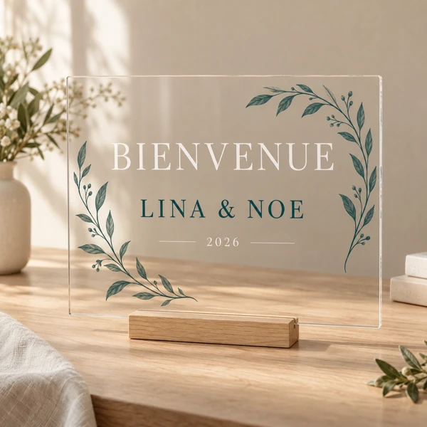 Acrylic welcome sign · Flat print · AI preview