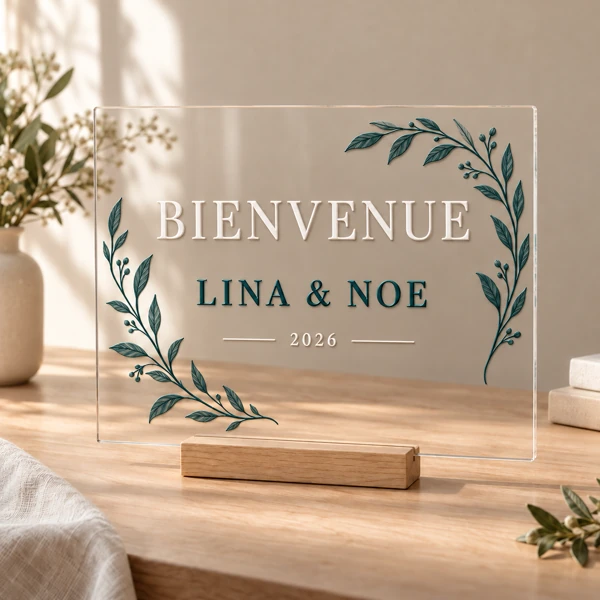 Acrylic welcome sign · Raised print · AI preview