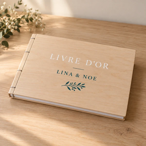 Guest book and wooden card box · Flat print · AI preview