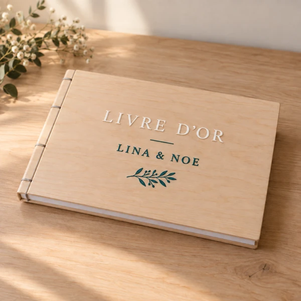 Guest book and wooden card box · Raised print · AI preview