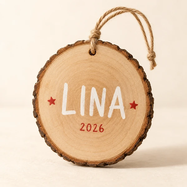 Hanging wood slice with a name · Flat print · AI preview