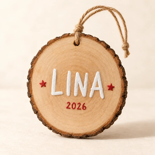 Hanging wood slice with a name · Raised print · AI preview