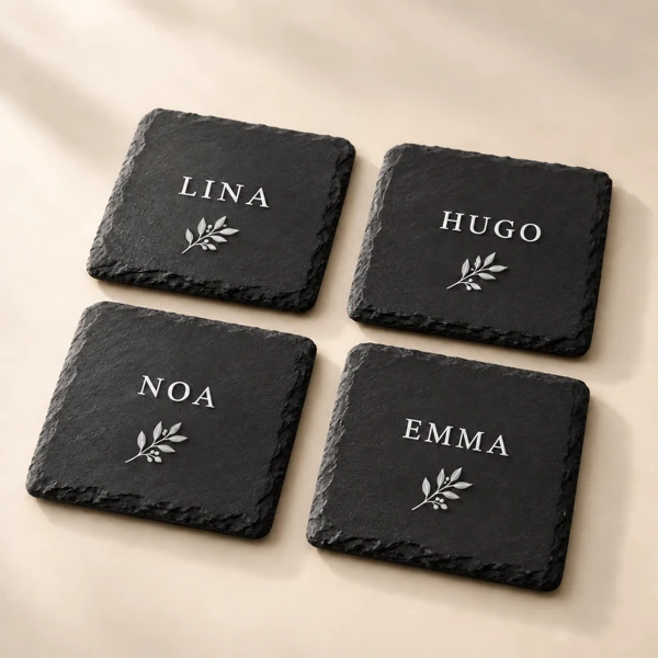 Slate coasters, a name on each · Raised print · AI preview