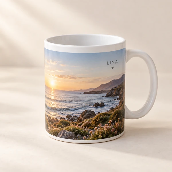 Photo mug, full wrap · Flat print · AI preview