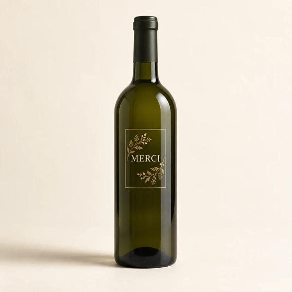 Wine or champagne bottle with a printed label · Flat print · AI preview