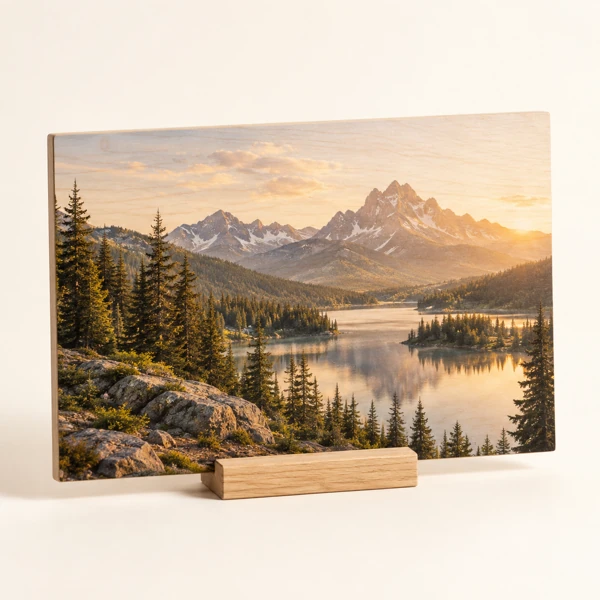 Photo panel on light wood · Flat print · AI preview
