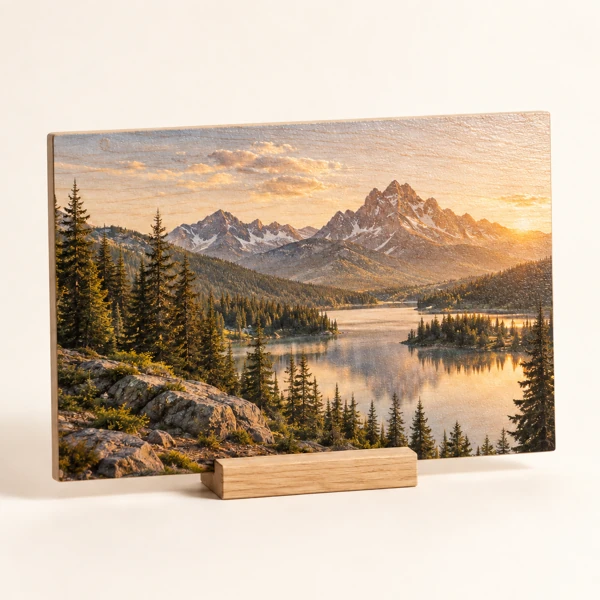 Photo panel on light wood · Raised print · AI preview