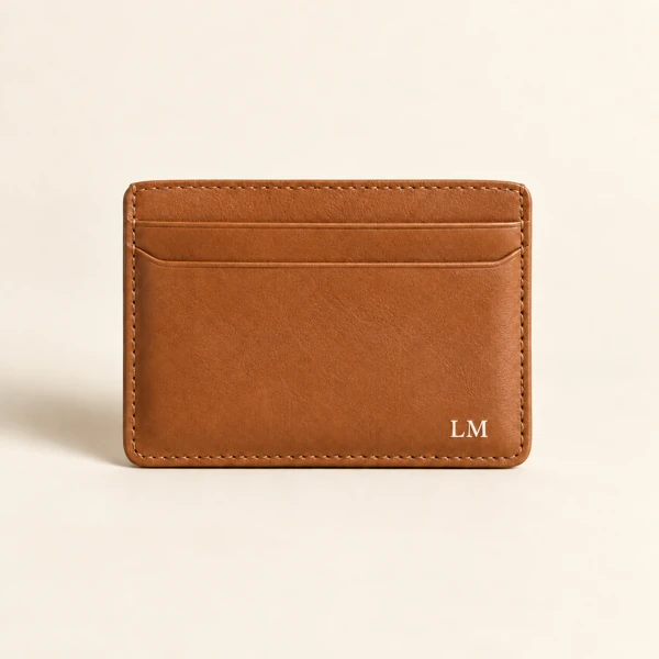 Leather card holder or wallet · Raised print · AI preview