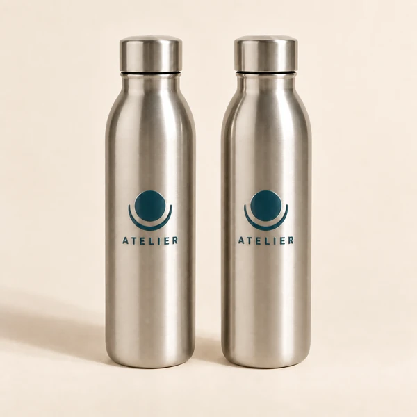 Company stainless steel bottles · Raised print · AI preview