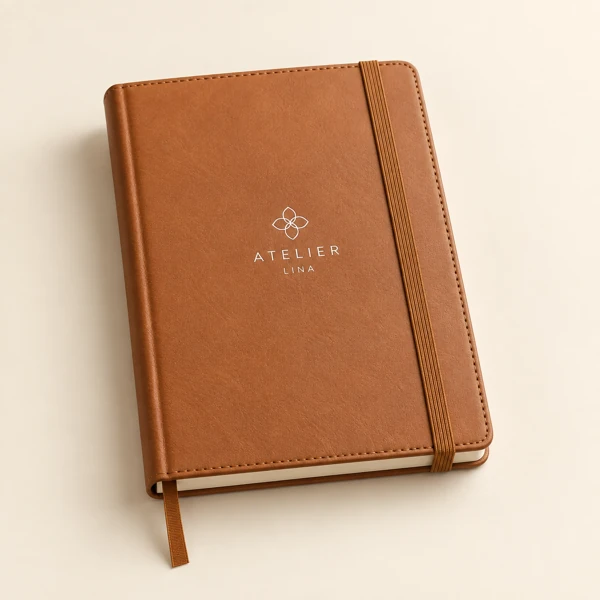 Leather notebooks with your logo · Flat print · AI preview