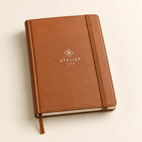 Leather notebooks with your logo · Raised print · AI preview