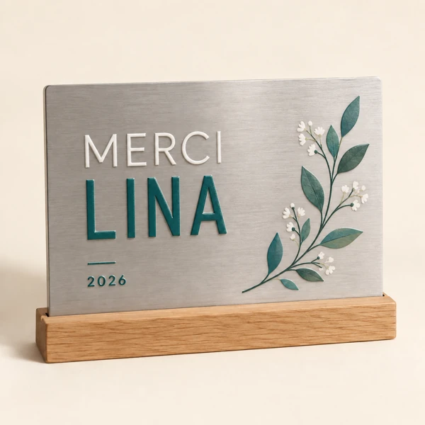 Thank-you plaque with colour printing · Raised print · AI preview