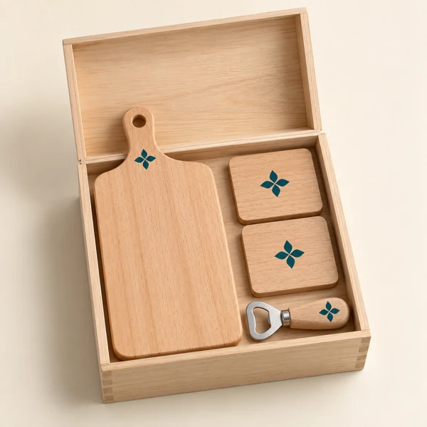 Gift box: board, coasters and bottle opener with your logo · Flat print · AI preview