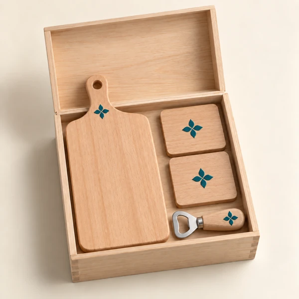 Gift box: board, coasters and bottle opener with your logo · Raised print · AI preview