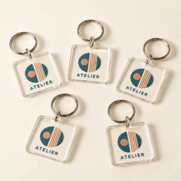 Giveaway keyrings for the January trade show · Raised print · AI preview