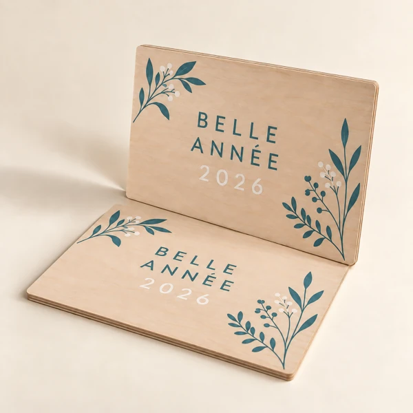 Rigid greetings cards in wood or acrylic · Flat print · AI preview