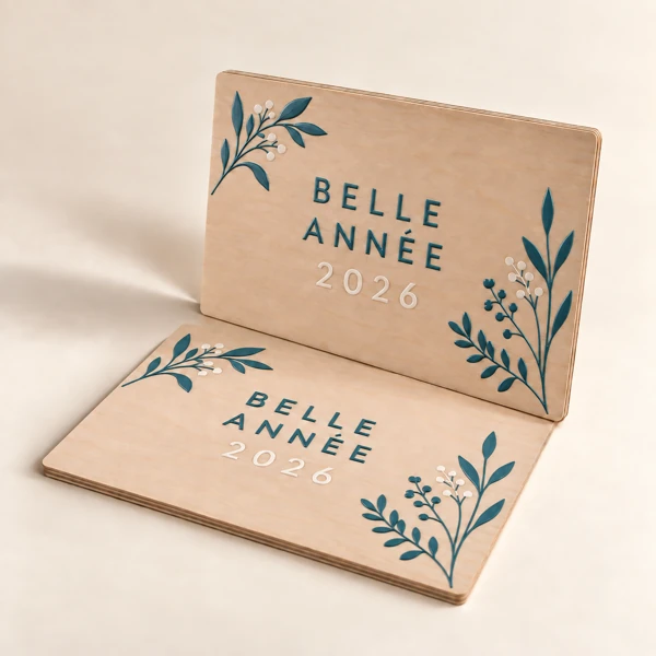 Rigid greetings cards in wood or acrylic · Raised print · AI preview