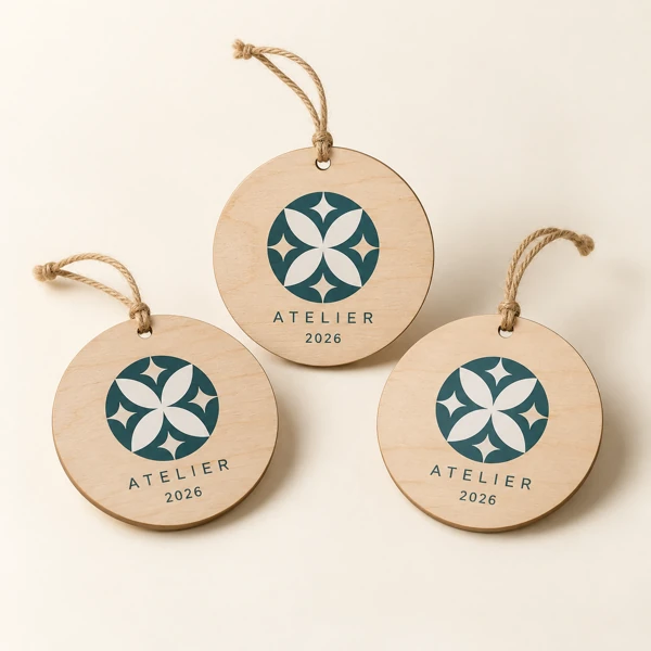 Logo tree decorations for clients · Flat print · AI preview