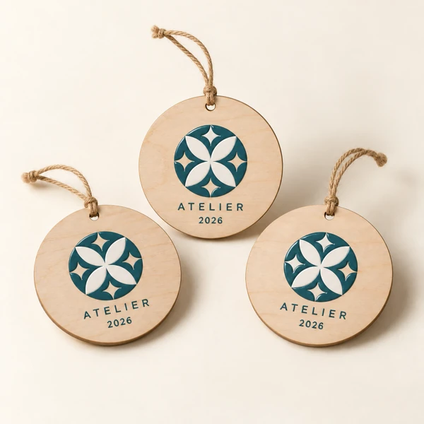 Logo tree decorations for clients · Raised print · AI preview