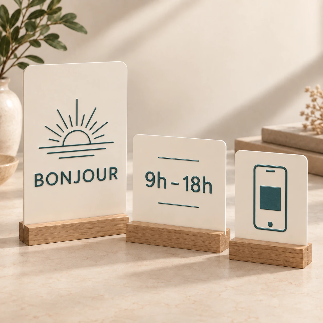 Counter kit: QR, hours and welcome — See the raised-ink preview