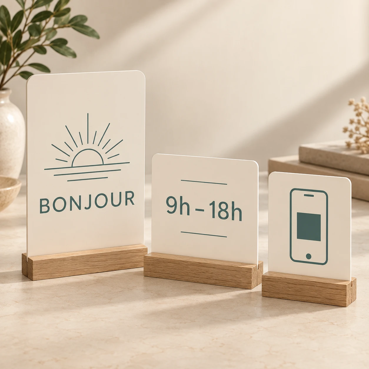 Counter kit: QR, hours and welcome