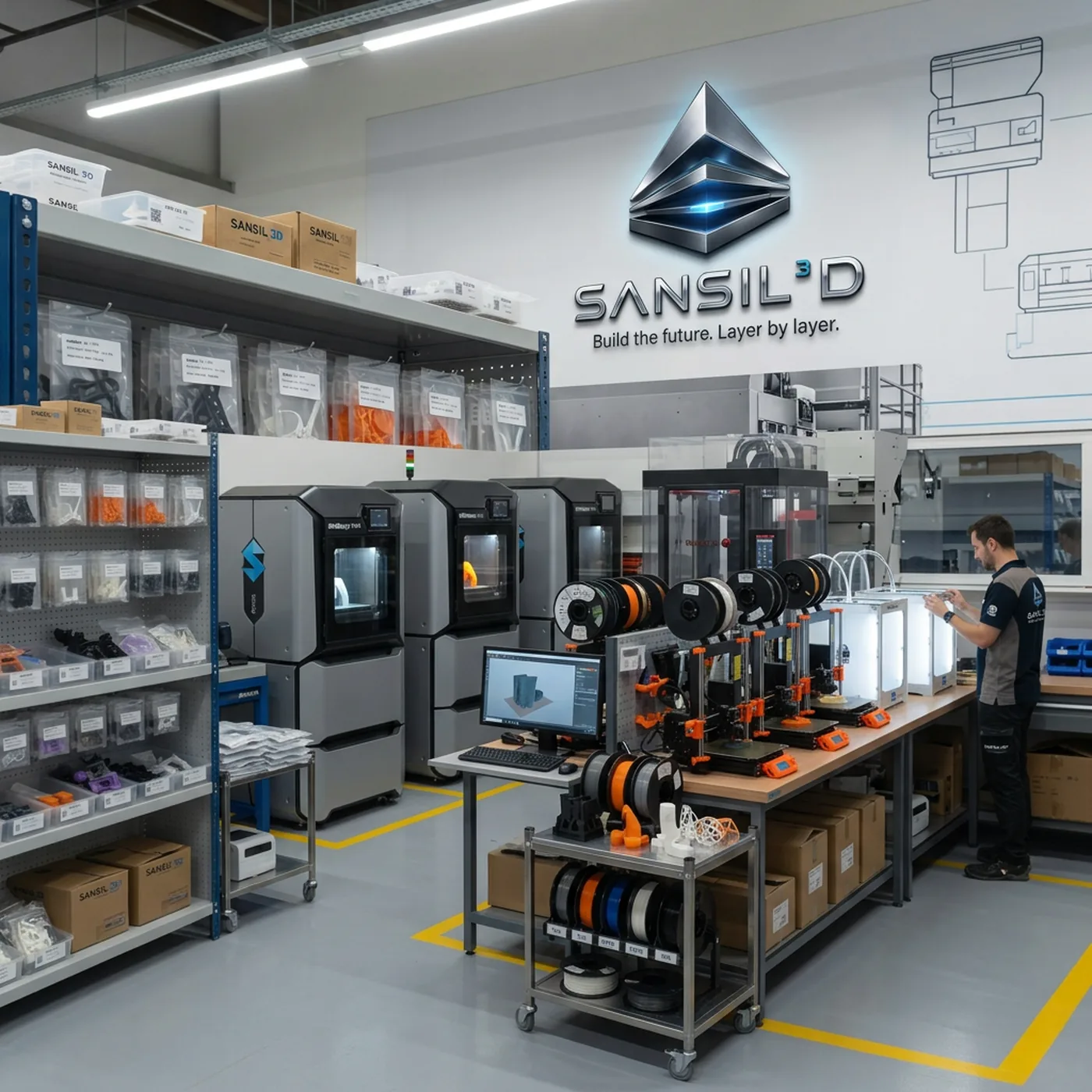 The SANSIL 3D workshop in Morsang-sur-Orge: FDM machines, material stock and inspection bench