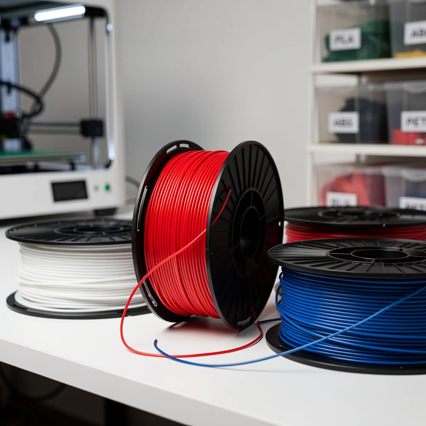 Bobines de filament blanc, rouge et bleu près d'une imprimante 3D, bacs de matière étiquetés