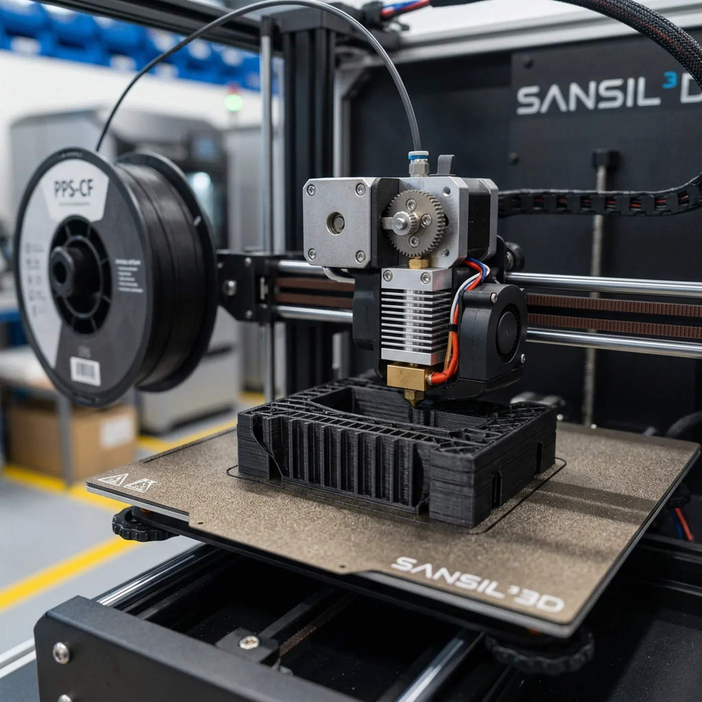 Druck eines technischen Bauteils aus PPS-CF auf einer FDM-Maschine von SANSIL 3D