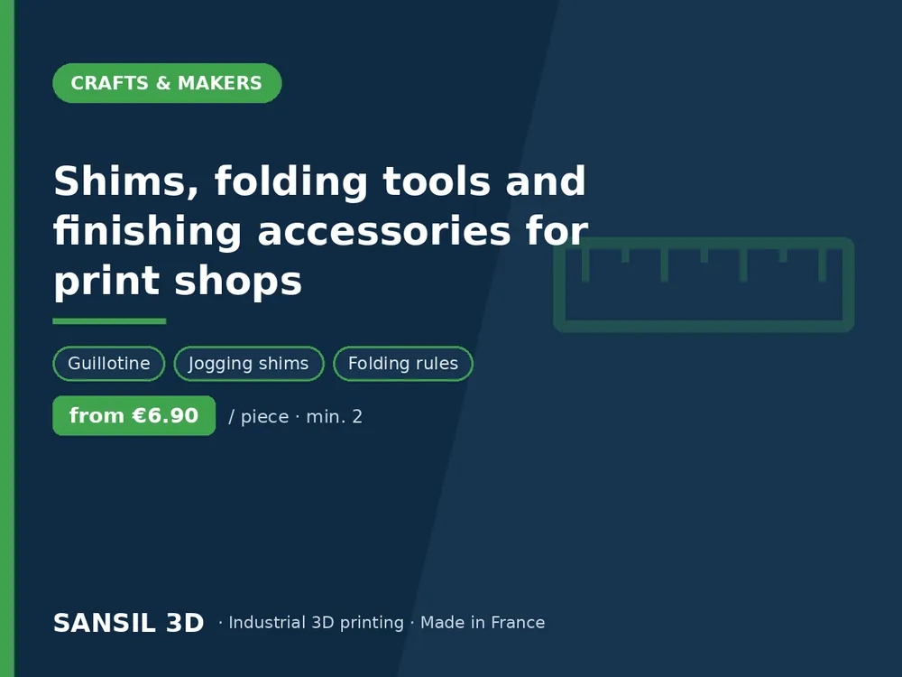 Shims, folding tools and finishing accessories for print shops