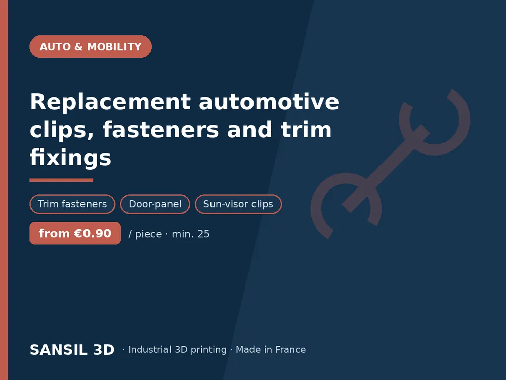 Replacement automotive clips, fasteners and trim fixings