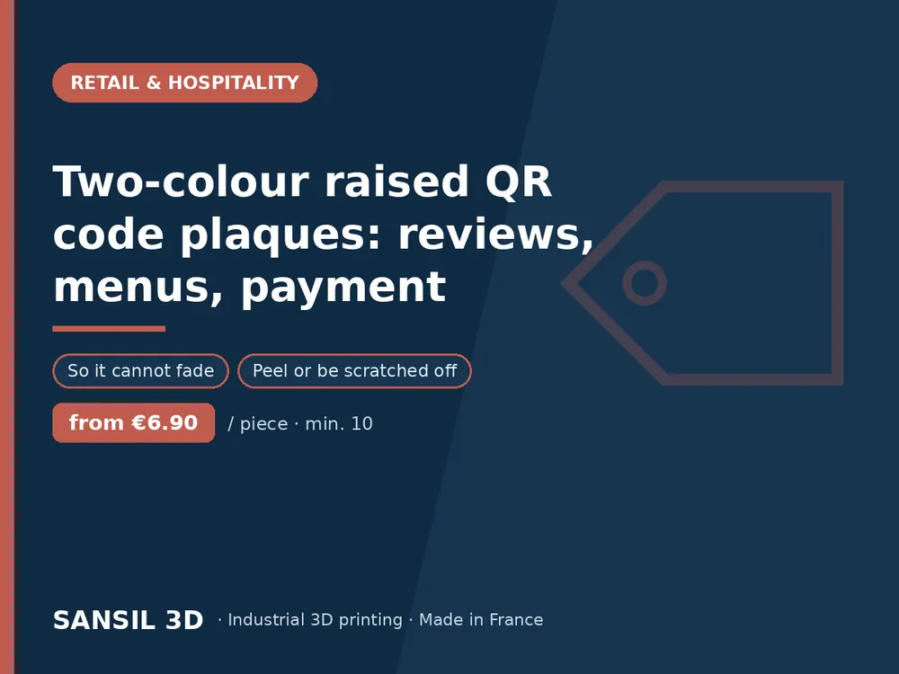 Two-colour raised QR code plaques: reviews, menus, payment