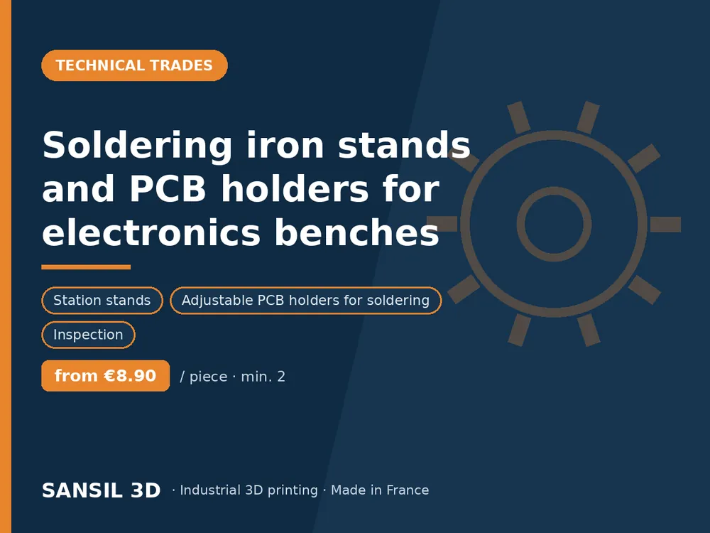 Soldering iron stands and PCB holders for electronics benches
