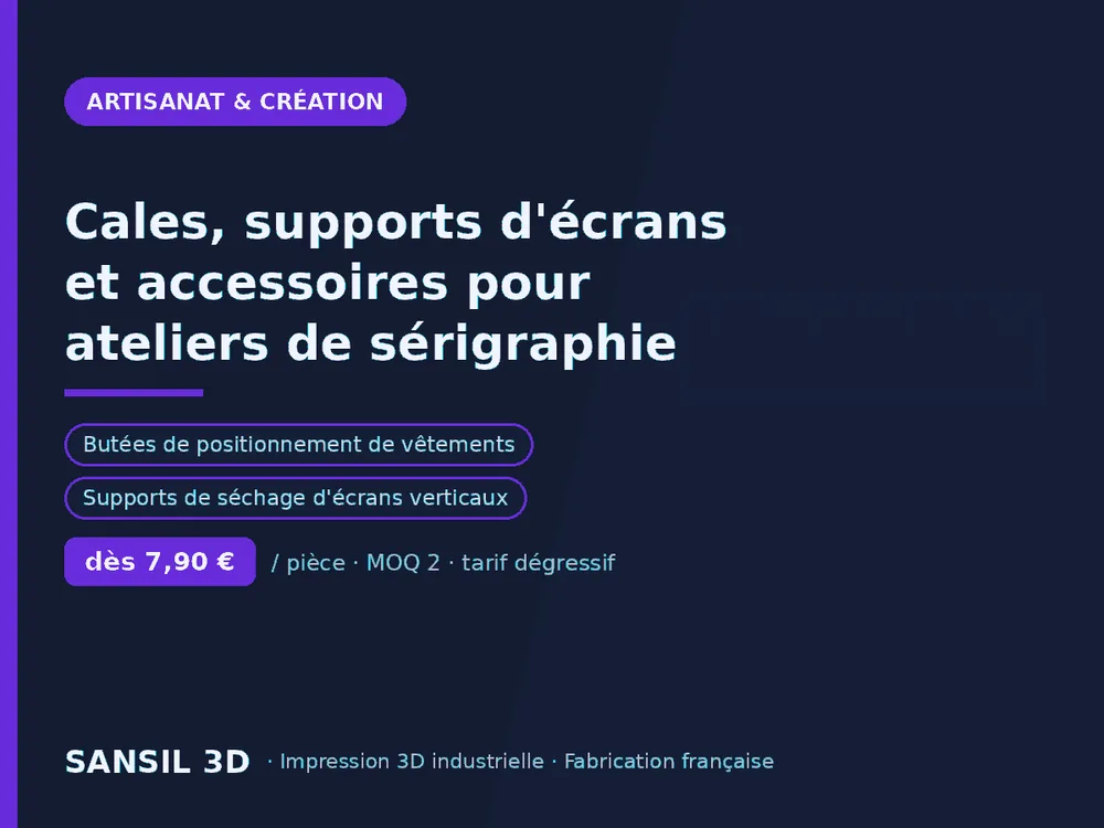 Cales, supports d'écrans et accessoires pour ateliers de sérigraphie