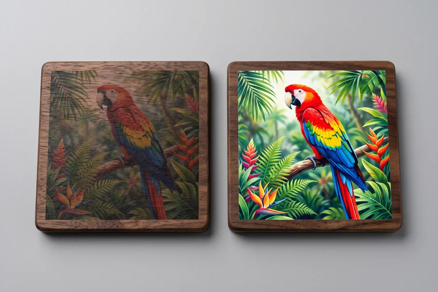 Le même visuel imprimé sur bois foncé : à gauche en couleur seule, terne ; à droite avec une sous-couche blanche, vif