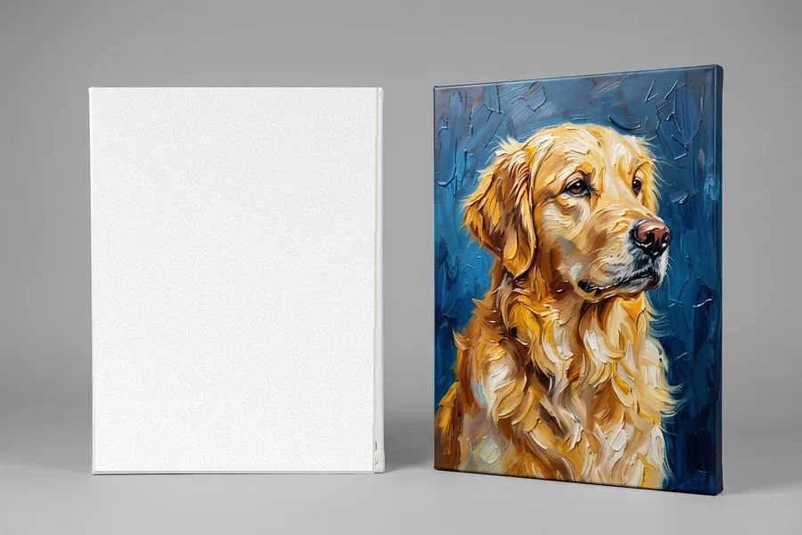 Blank canvas and canvas printed in 3D relief: a portrait in the style of an oil painting, every brushstroke raised